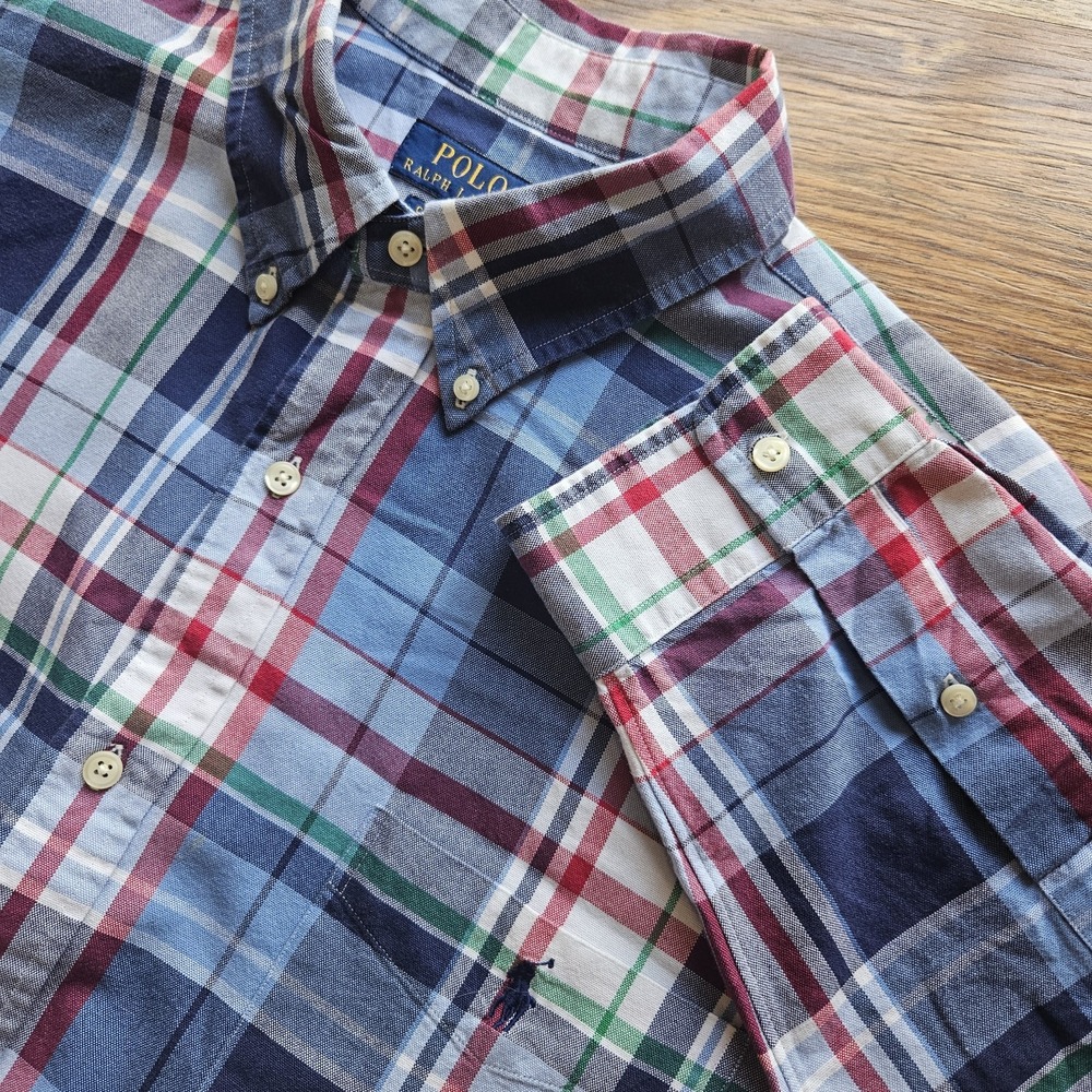 Polo Ralph Lauren Men's Blue White Plaid Cotton Button-Down Shirt XXL Lg Sleeve